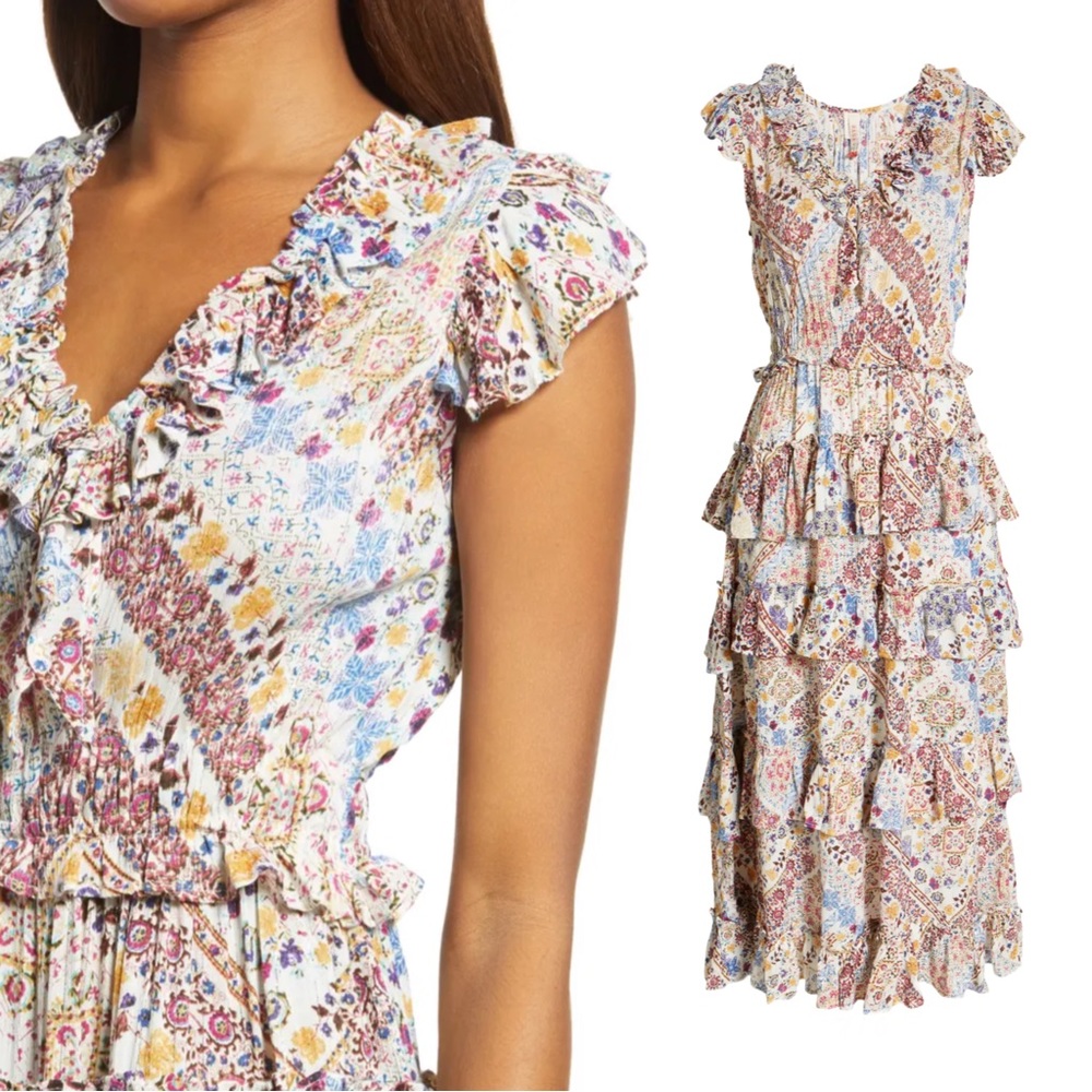 RAGA NWT Romina White & Red Metallic Paisley Floral Layered Ruffle Maxi Dress